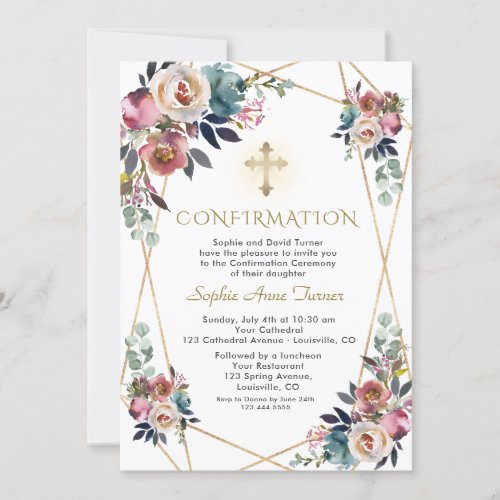 Dusty Blue Misty Rose Flowers Gold Confirmation Invitation