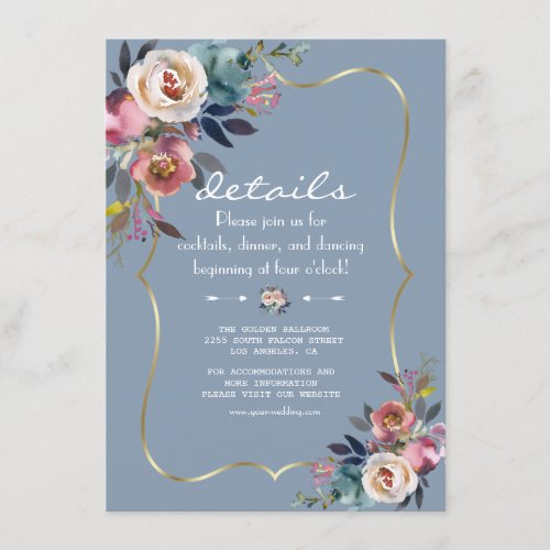Dusty Blue Misty Rose Flowers Gold Wedding Details Enclosure Card