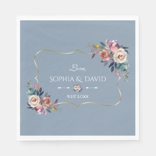 Dusty Blue Misty Rose Flowers Gold Wedding Napkins