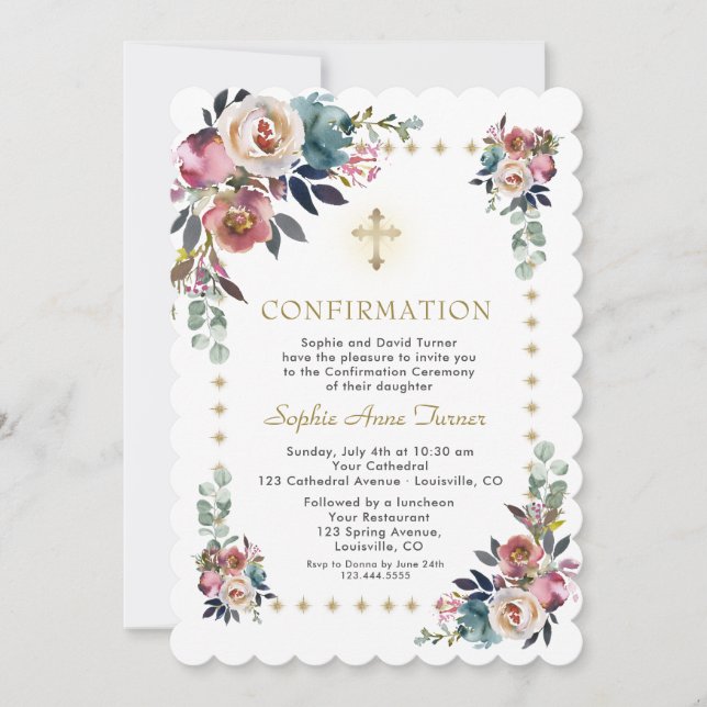 Dusty Blue Misty Rose Flowers Sparkle Confirmation Invitation (Front)