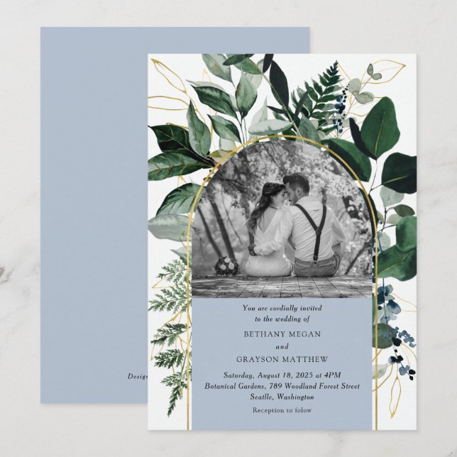 Dusty Blue modern arch garden photo wedding Invitation (Front/Back)