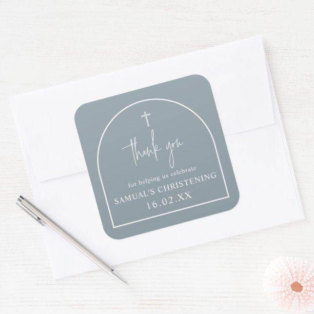 Dusty Blue Modern Arch Minimalist Baptism   Square Square Sticker (Envelope)