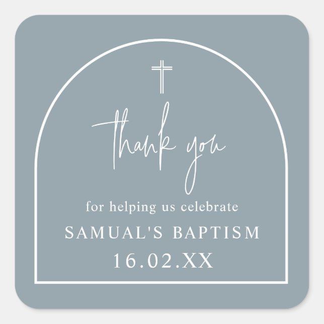 Dusty Blue Modern Arch Minimalist Baptism   Square Sticker (Front)