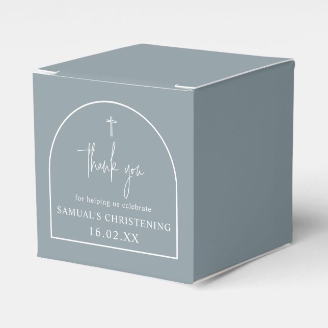Dusty Blue Modern Arch Minimalist Christening  Favor Boxes (Front Side)