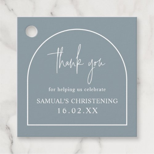 Dusty Blue Modern Arch Minimalist Christening Favor Tags