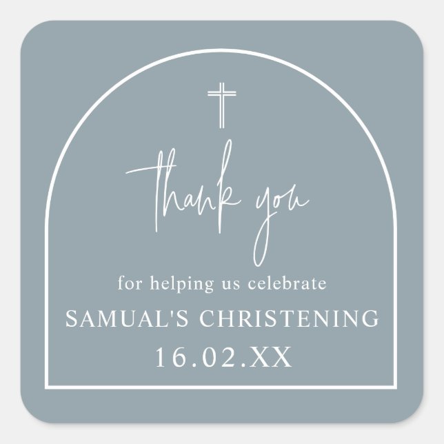 Dusty Blue Modern Arch Minimalist Christening Square Sticker (Front)