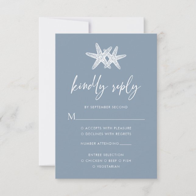 Dusty Blue Modern Beach Starfish Wedding  RSVP Card (Front)