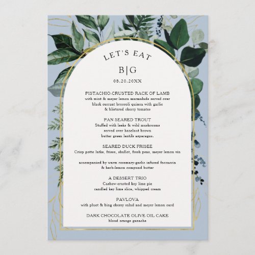 Dusty Blue Modern Boho Arch Botanic Leaves Menu