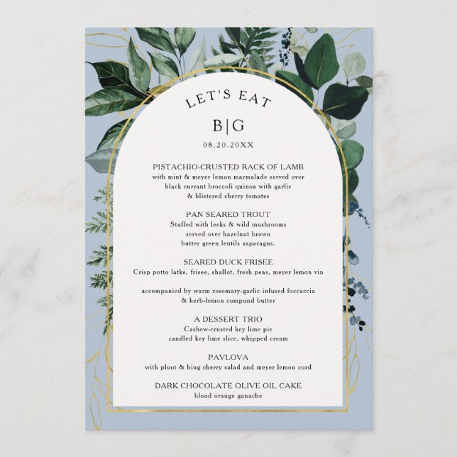 Dusty Blue Modern Boho Arch Botanic Leaves Menu (Front)