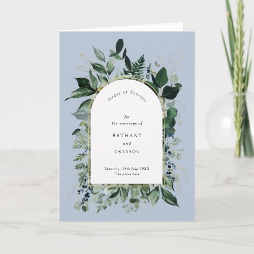 Dusty Blue Modern Botanic greenery wedding bifold Program