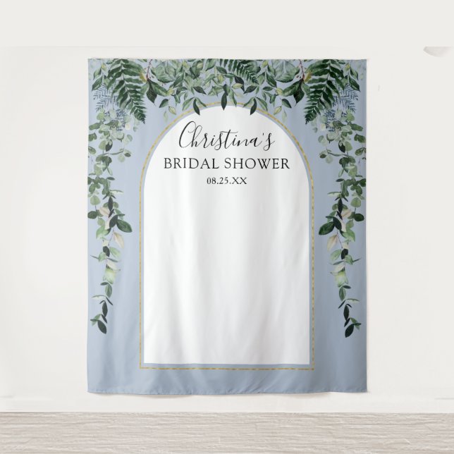 Dusty BLue Modern botanic leaves photo backdrop (Front)