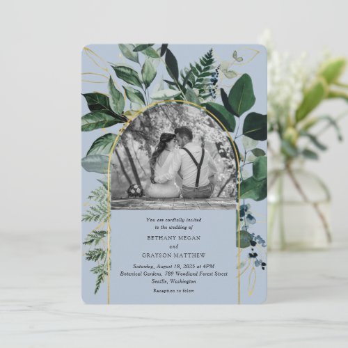 Dusty blue Modern Botanical Greenery photo wedding Invitation