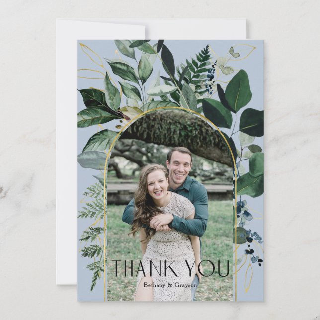 Dusty Blue Modern Botanical Greenery photo wedding Thank You Card (Front)