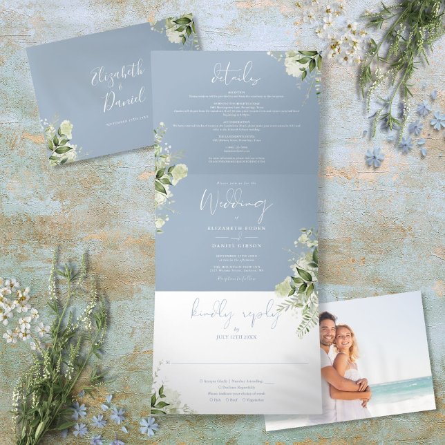 Dusty Blue Modern Botanical Greenery Photo Wedding Tri-Fold Invitation (Dusty Blue Modern Botanical Greenery Photo Wedding Tri-Fold Invitation)