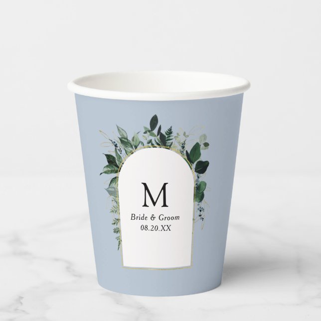 Dusty Blue Modern Botanical monogrammed wedding Paper Cups (Front)