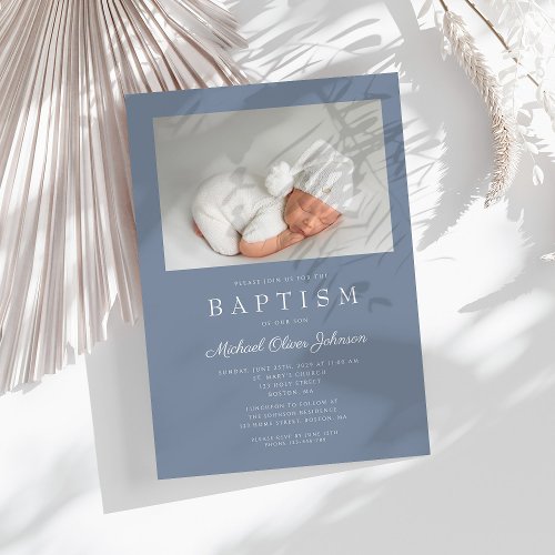 Dusty Blue Modern Boy Photo Baptism  Invitation