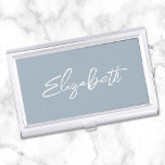 Dusty Blue Modern Brush Script First Name Business Card Case<br><div class="desc">A first name business card case holder for her. The script is a lovely, brush stroke modern handwritten script that is a perfect gift for her. The decorative brush stroke style may require you to re-center your given name. You may also customize the white font color and calligraphy style. The...</div>