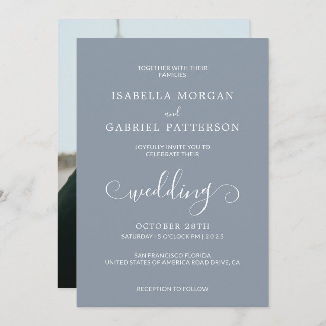 Dusty Blue Modern Calligraphy Script Photo Wedding Invitation (Front/Back)