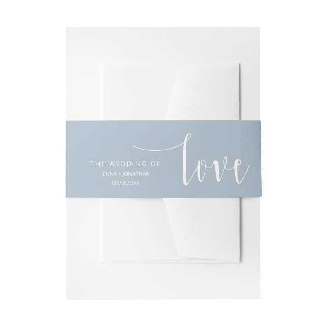 Dusty Blue Modern Calligraphy Script Wedding Invitation Belly Band (Front Example)