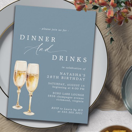 Dusty Blue  Modern Champagne Birthday Dinner Invitation