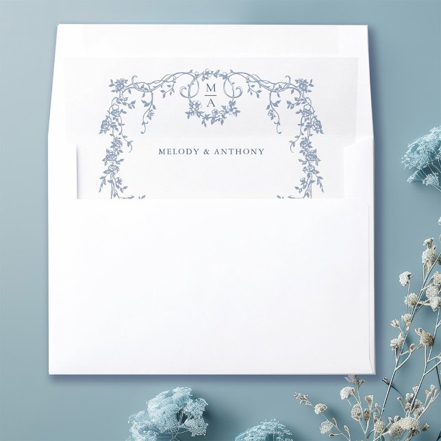 Dusty Blue Modern Classic French Floral Wedding  Envelope Liner (Creator Uploaded)
