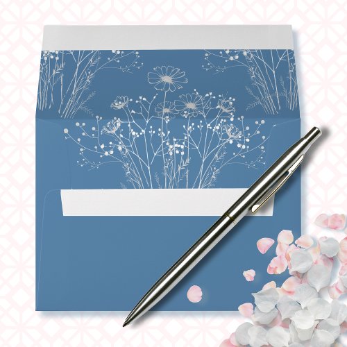 Dusty Blue Modern Delicate Simple Floral Wedding  Envelope