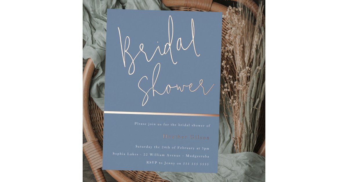 Dusty Blue Modern Elegant Bridal Shower Rose Gold Foil Invitation | Zazzle