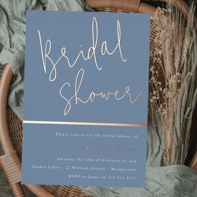  Dusty Blue Modern Elegant Bridal Shower Rose Gold Foil Invitation (Creator Uploaded)
