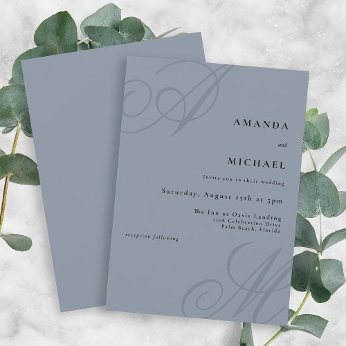 Dusty Blue Modern Elegant Minimal Monogram Wedding Invitation
