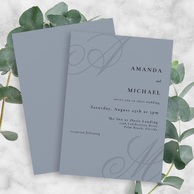 Dusty Blue Modern Elegant Minimal Monogram Wedding Invitation (Dusty blue modern minimalist wedding invitation with the bride and groom's monogram initials.)
