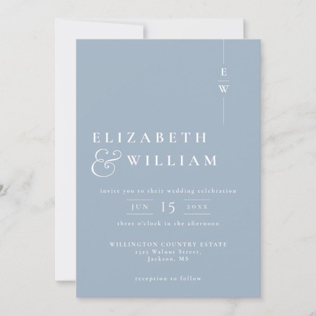 Dusty Blue Modern Elegant Monogram Wedding Invitation (Front)