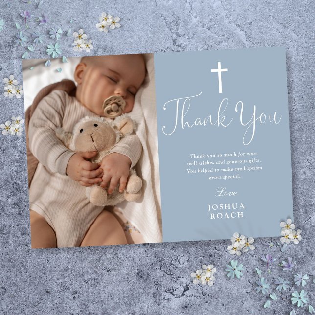 Dusty Blue Modern Elegant Script Baptism Thank You Card (Dusty Blue Modern Elegant Script Baptism Thank You Card)