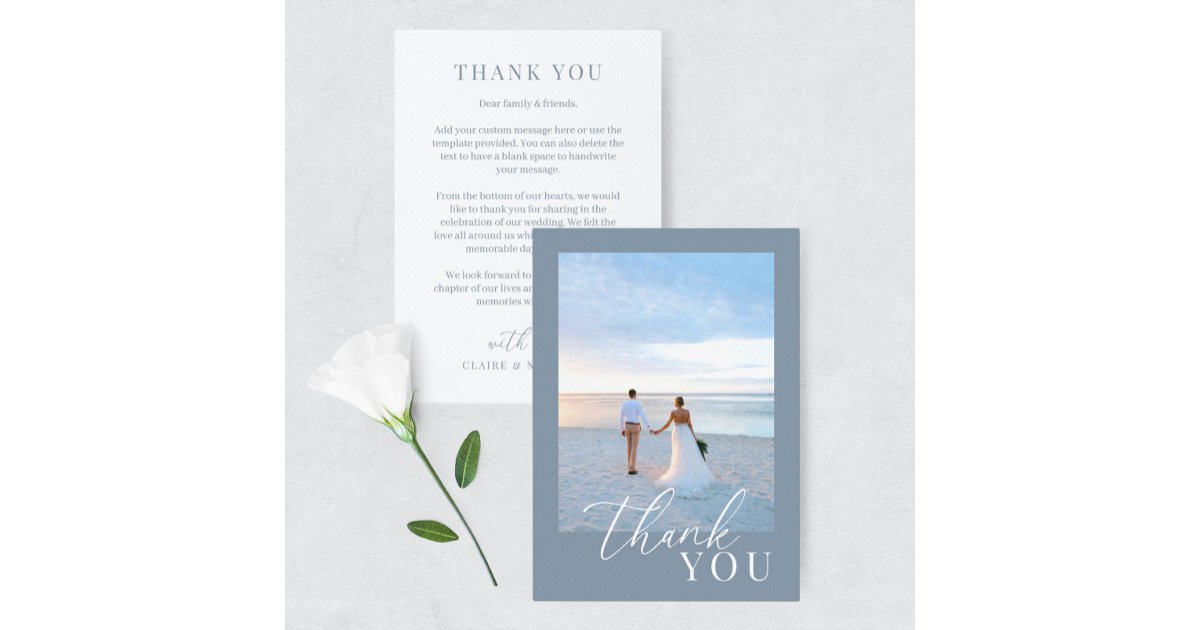 Dusty Blue Modern Elegant Wedding Photo Thank You Card | Zazzle