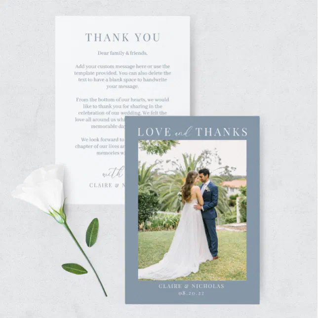Dusty Blue Modern Elegant Wedding Photo Thank You Card | Zazzle