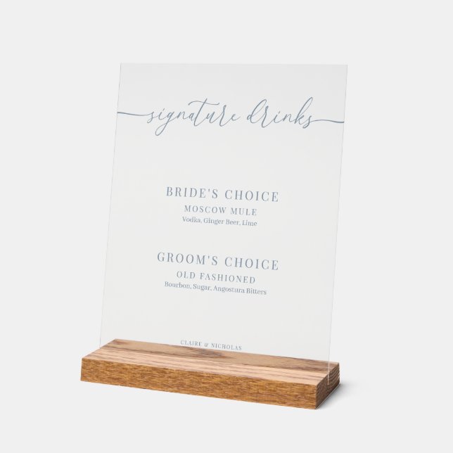 Dusty Blue Modern Elegant Wedding Signature Drinks Acrylic Sign (Angle)