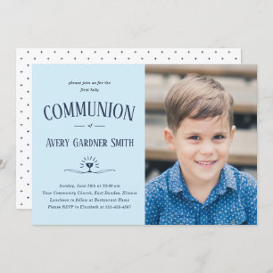 Dusty Blue Modern First Holy Communion Boy Photo Invitation
