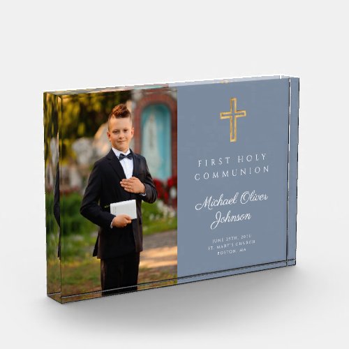 Dusty Blue Modern First Holy Communion Boy Picture Photo Block