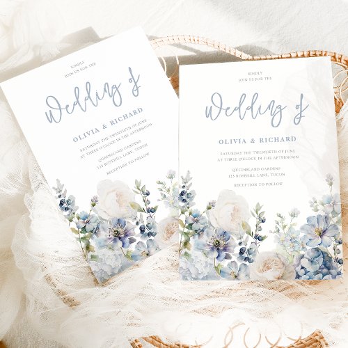 Dusty Blue Modern Floral All Seasons Wedding Invitation