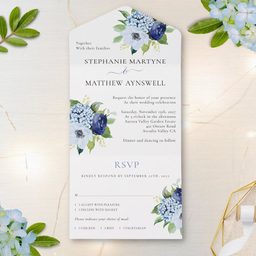 Dusty Blue Modern Floral Botanical Wedding All In One Invitation