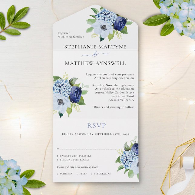 Dusty Blue Modern Floral Botanical Wedding All In One Invitation (Creator Uploaded)