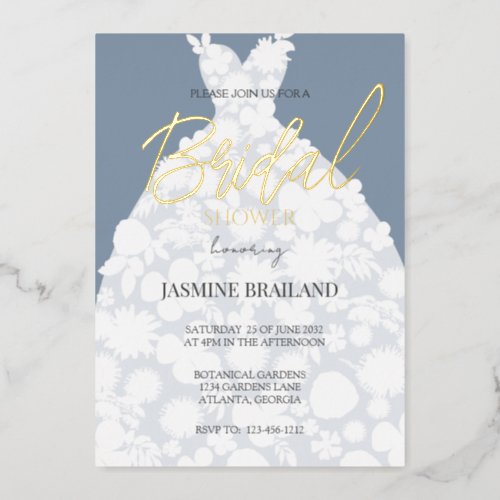 Dusty Blue Modern Floral Gown Bridal Shower Gold   Foil Invitation
