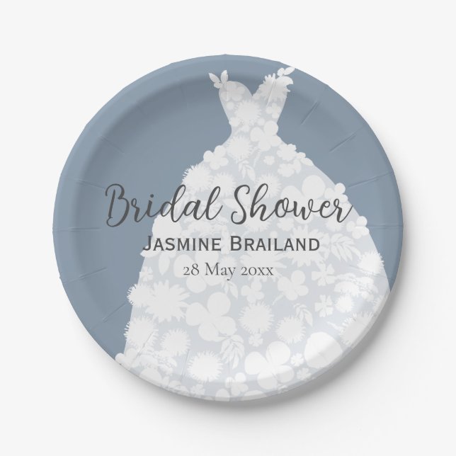 Dusty Blue Modern Floral Gown Bridal Shower Paper Plates (Front)