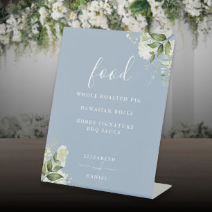 Dusty Blue Modern Floral Greenery Food Menu Pedestal Sign