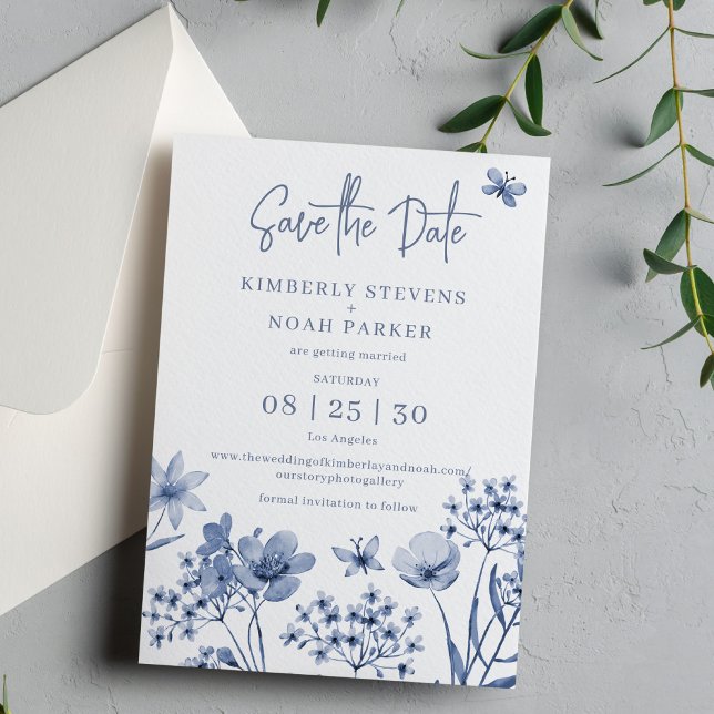 Dusty blue modern floral simple wedding save the date (Creator Uploaded)