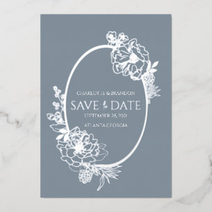Dusty Blue Modern Floral Sketch Oval Save the Date Foil Invitation