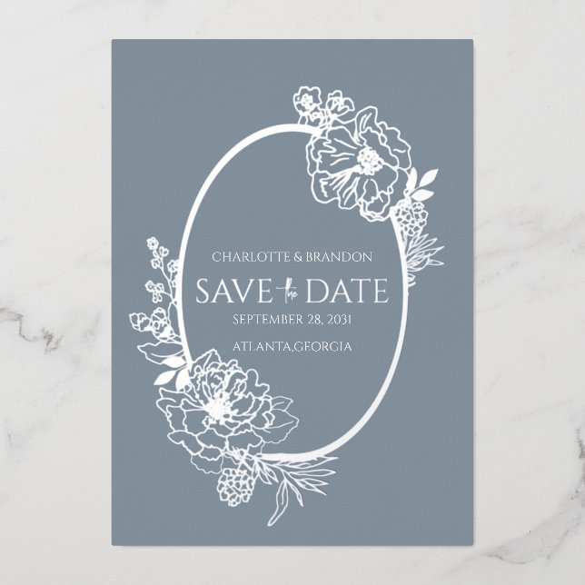 Dusty Blue Modern Floral Sketch Oval Save the Date Foil Invitation (Front)