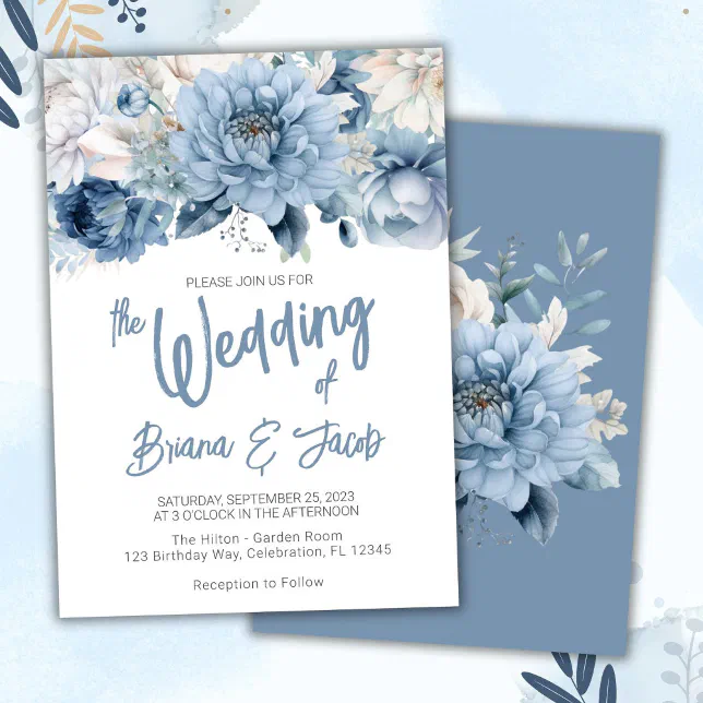 Dusty Blue Modern Floral Wedding Invitation | Zazzle