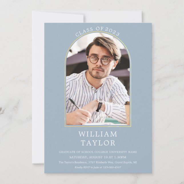Dusty Blue Modern Gold Arch Photo Graduation Party Invitation (Front)