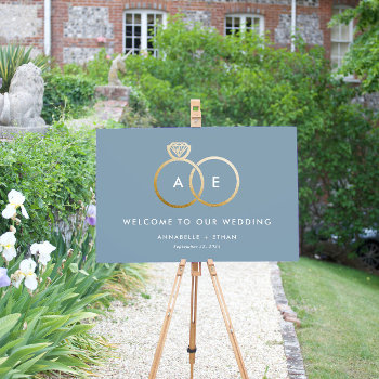 Dusty Blue Modern Gold Rings Wedding Welcome Sign by 2BirdStone at Zazzle