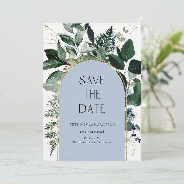 Dusty Blue, Modern Greenery botanic leaves QR code Save The Date (Standing Front)